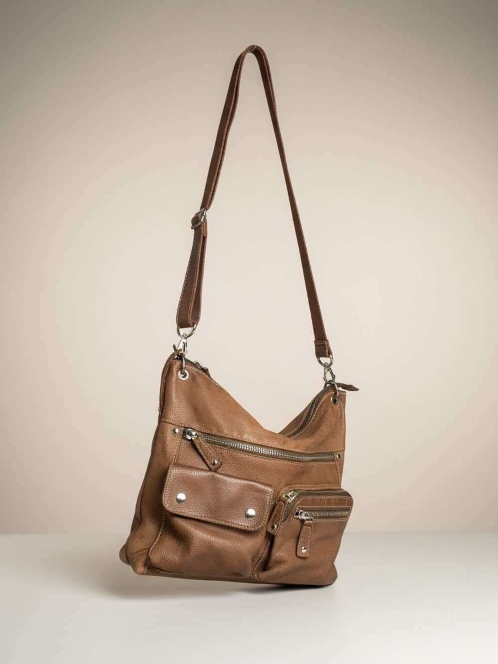 Fossil Explorer Brown Pebbled Leather Cargo Utility Crossbody Bag